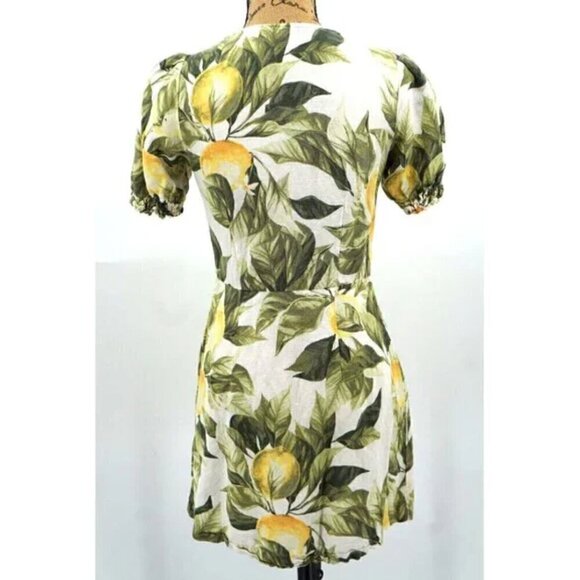 H&M Linen Blend Mini Dress S Lemon Leaf Print Cotton Blogger Fav Summer Vacation - Picture 13 of 14